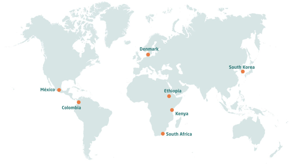 Map with the following countries marked: Kenya, Ethiopia, Colombia, Mexico, South Africa, South Korea and Denmark.