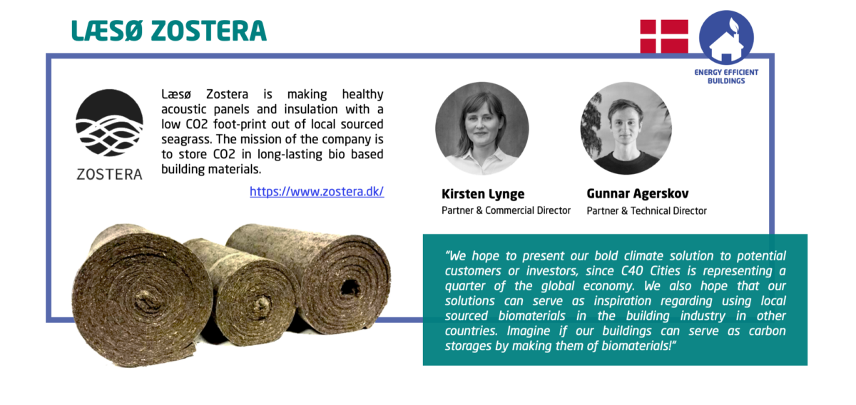 Læsø Zostera is making healthy acoustic panels and insulation with a low CO2 footprint out of lcal sourced seagrass. The mission of the compnay is to store CO2 in long-lasting bio based building materials.